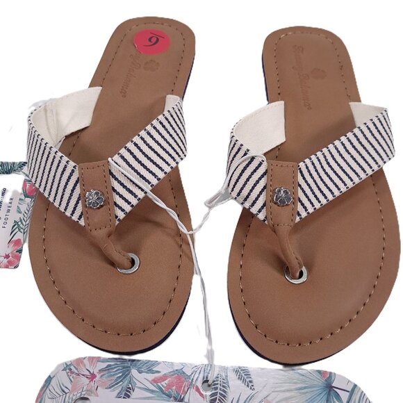 NWT Tommy Bahama Speedwell Sandals Women 6 Tan White with Blue Stripe Flip Flops - Picture 2 of 4